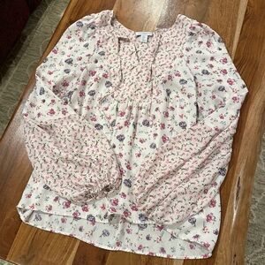 Carolina Belle Pink Flowy Floral Blouse with Tie and Puff Sleeves Size M